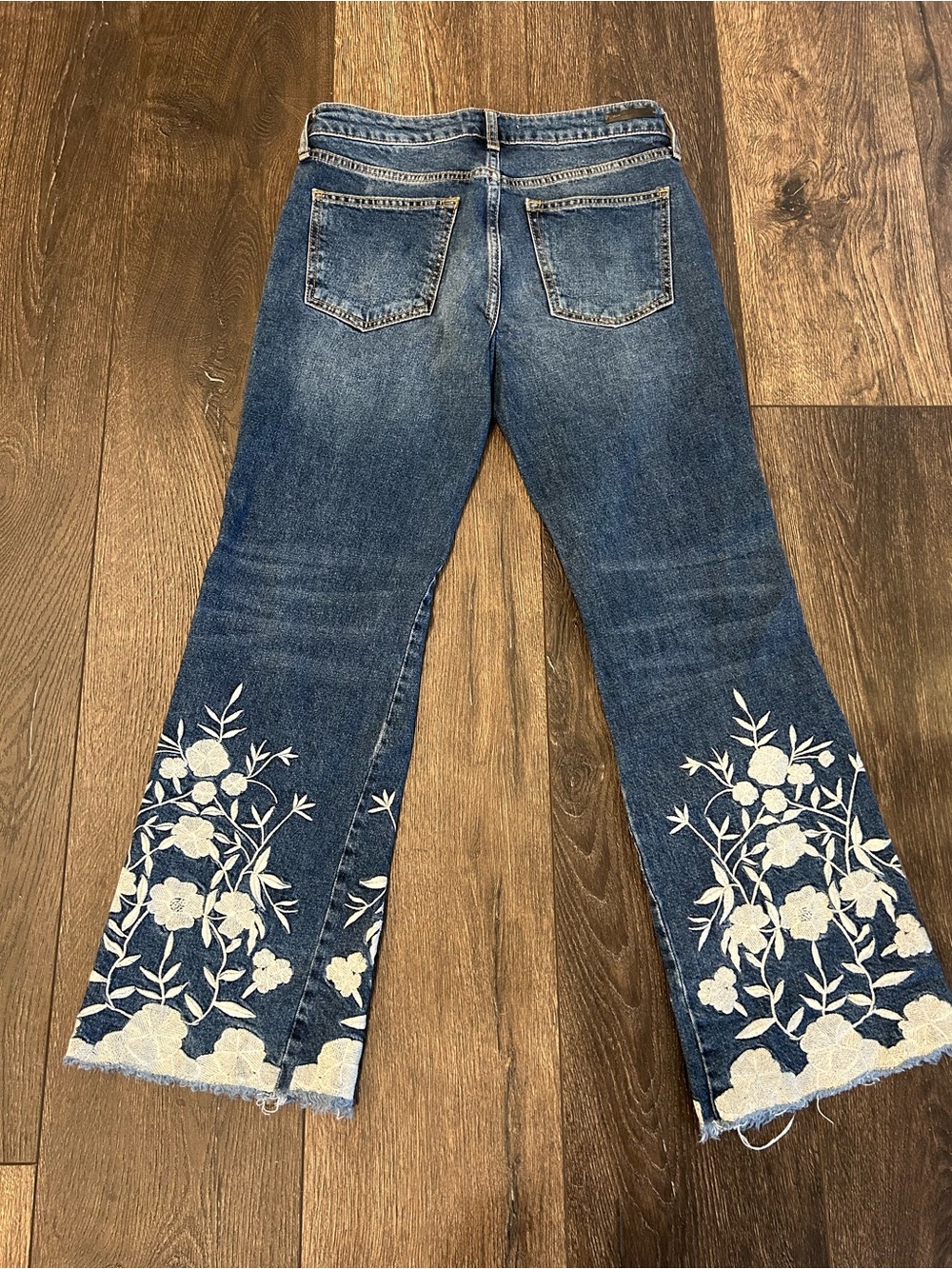 Pilcro Blue Denim Ankle Jeans with White Floral Embroidery, High Rise Flare, 27 - Picture 3 of 11